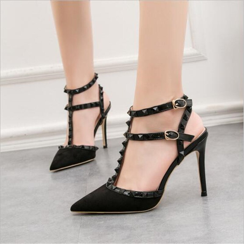 10CM PUMPS 2020 Sexy slim stiletto nightclub women's shoes high-heeled shallow mouth pointed hollow rivet Roman sandals