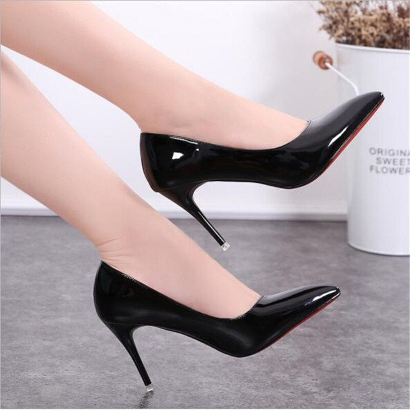 2020 Black Red Heel Shoes Women High Heels Faux PU Stiletto Sexy Heels Pumps Pointed Toe Wedding Shoes For Woman