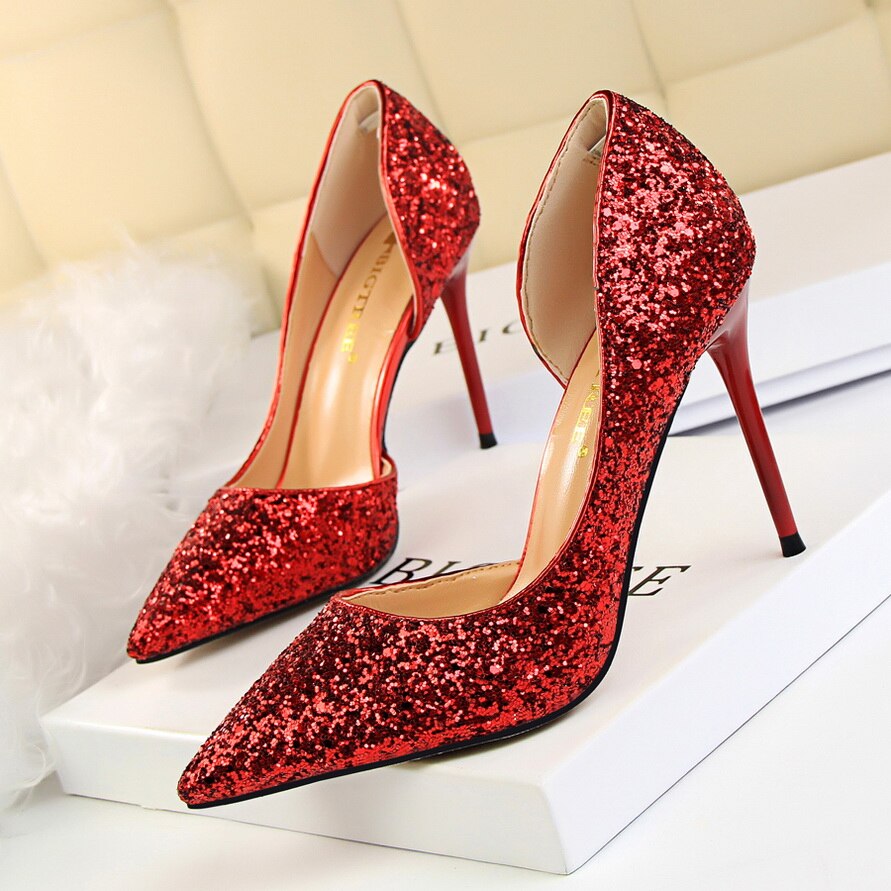 2020 Plus Size 43 Women 9.5cm High Heels Sexy Glitter Bling Scarpins Pumps Stiletto Wedding Bridal Prom Silver Valentine Shoes