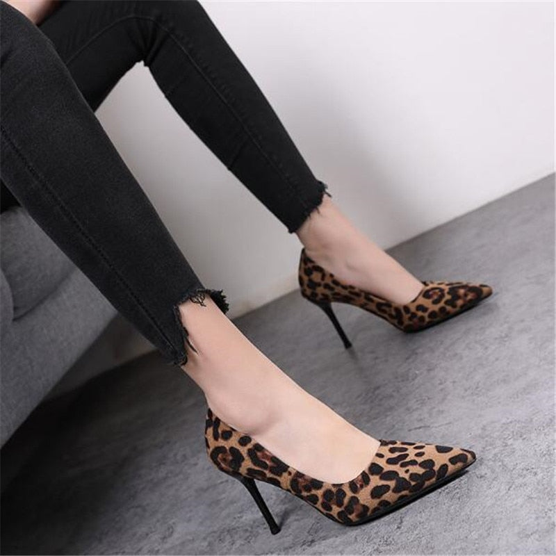 2020 Spring New pointy Temperament Versatile With Sexy Leopard Print Comfortable Suede Single High Heels Sex Shoes