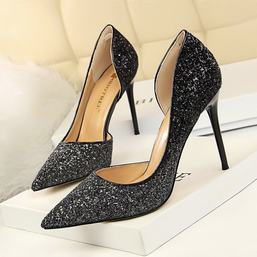 2020 Woman 9cm Glitter High Heels Sequins Scarpins Pumps Female Silver Gold Escarpins Lady Party Wedding Scarpins Talons Shoes