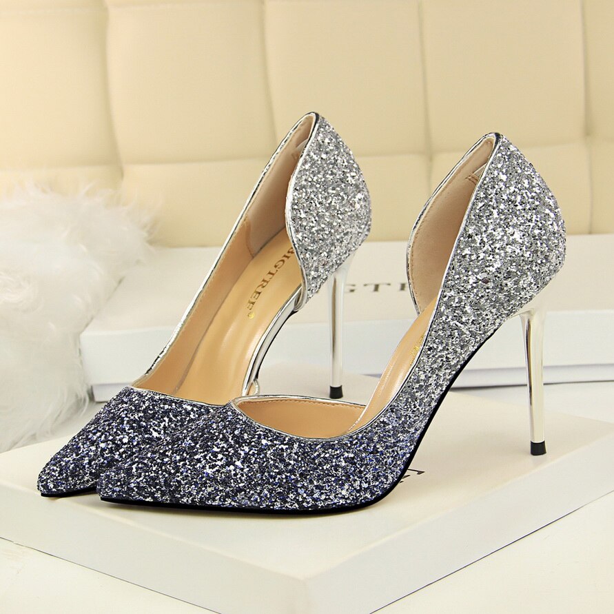 2020 Woman 9cm Glitter High Heels Sequins Scarpins Pumps Female Silver Gold Escarpins Lady Party Wedding Scarpins Talons Shoes