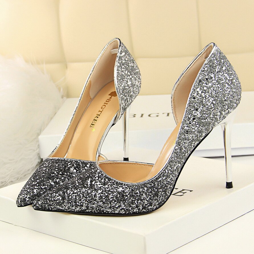 2020 Woman 9cm Glitter High Heels Sequins Scarpins Pumps Female Silver Gold Escarpins Lady Party Wedding Scarpins Talons Shoes