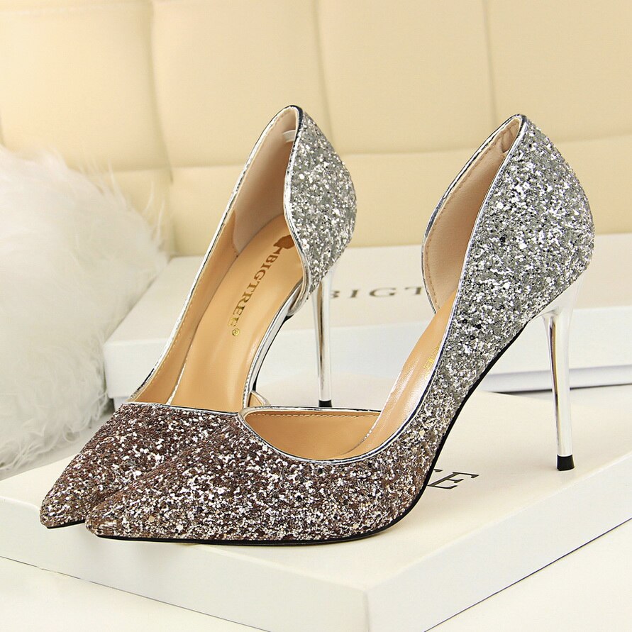 2020 Woman 9cm Glitter High Heels Sequins Scarpins Pumps Female Silver Gold Escarpins Lady Party Wedding Scarpins Talons Shoes