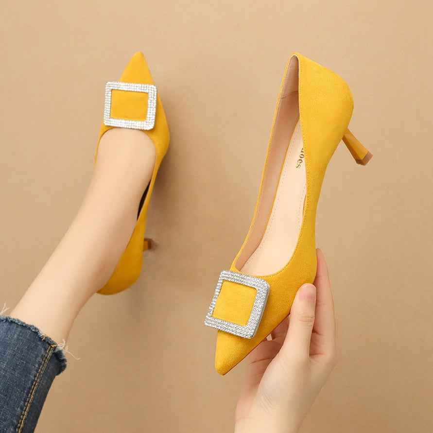 2020 Women 6.5cm High Heels Blue Prom Pumps Lady Plus Size 9 Pointed Toe Valentine Low Heels Scarpins Yellow Green Office Shoes