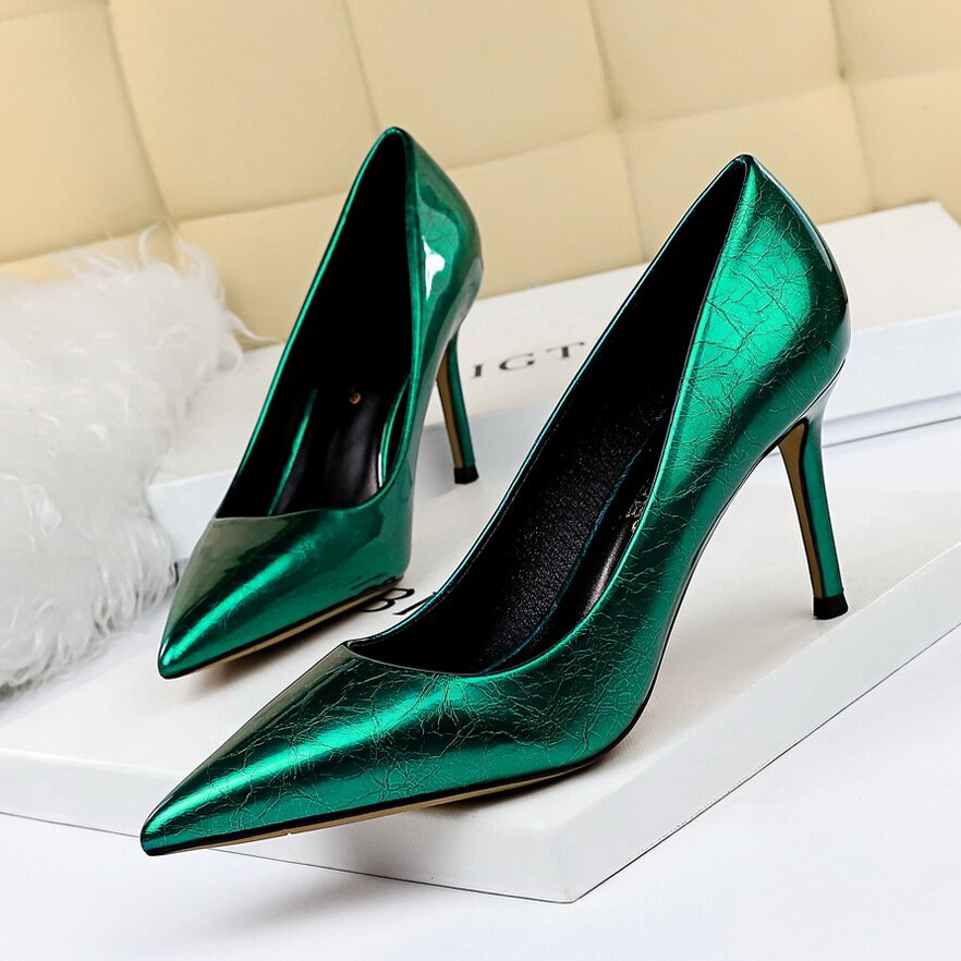 2020 Women 8cm High Heels Pumps Plus Size 10.5 Pointed Toe Luxury Valentine Lady Shoes Low Heel Scarpins Yellow Green Blue Pumps