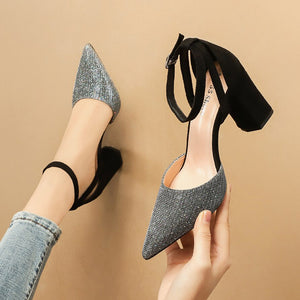 Elegant Women Shoes Pumps Sequined Cloth Hollow Sandals Ladies High Heels Comfortable Sparkling Dress Shoes