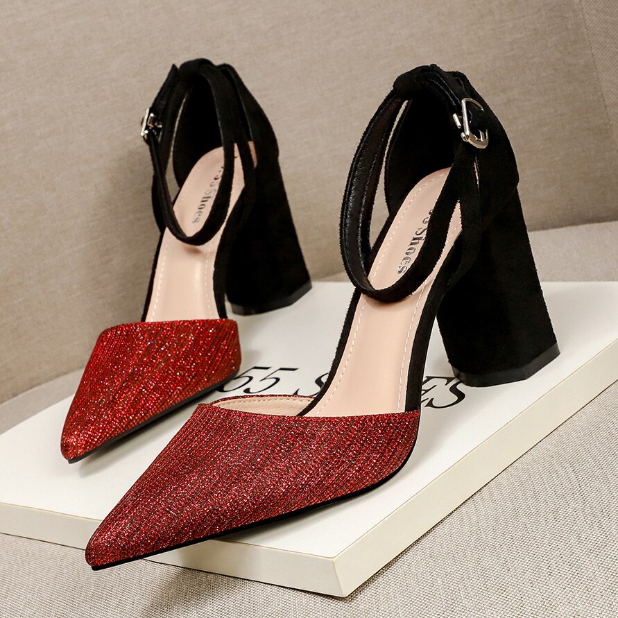 Elegant Women Shoes Pumps Sequined Cloth Hollow Sandals Ladies High Heels Comfortable Sparkling Dress Shoes