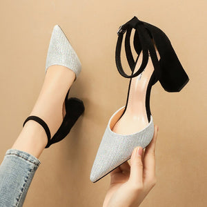 Elegant Women Shoes Pumps Sequined Cloth Hollow Sandals Ladies High Heels Comfortable Sparkling Dress Shoes