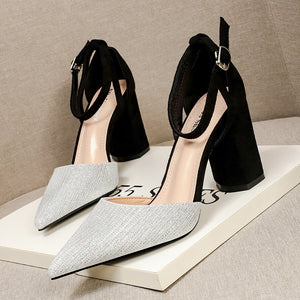 Elegant Women Shoes Pumps Sequined Cloth Hollow Sandals Ladies High Heels Comfortable Sparkling Dress Shoes