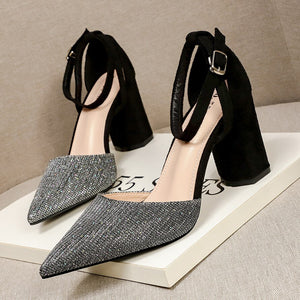 Elegant Women Shoes Pumps Sequined Cloth Hollow Sandals Ladies High Heels Comfortable Sparkling Dress Shoes