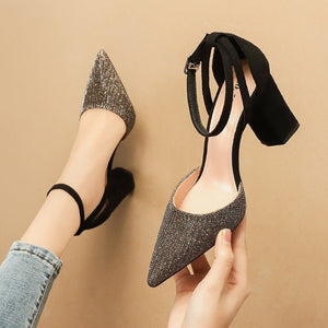 Elegant Women Shoes Pumps Sequined Cloth Hollow Sandals Ladies High Heels Comfortable Sparkling Dress Shoes