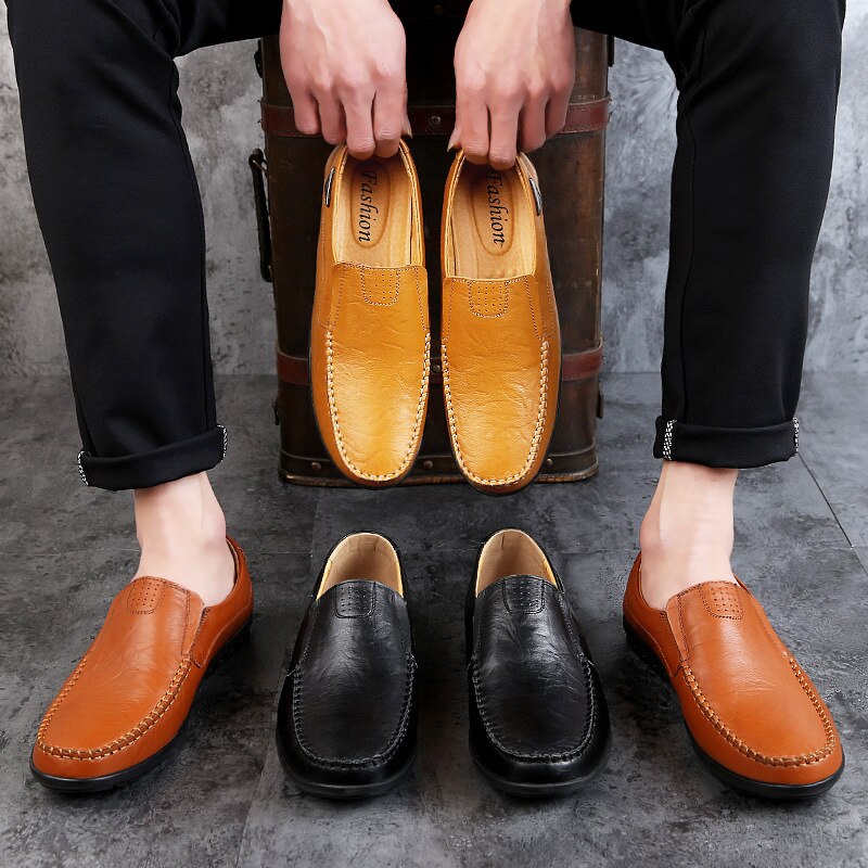 Genuine Leather Mens Moccasin Shoes Black Men Flats Breathable Casual Italian Loafers Comfortable Plus Size 37-47 Driving Shoes