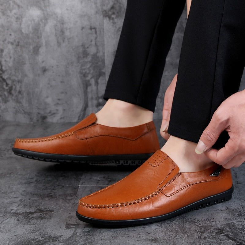 Genuine Leather Mens Moccasin Shoes Black Men Flats Breathable Casual Italian Loafers Comfortable Plus Size 37-47 Driving Shoes