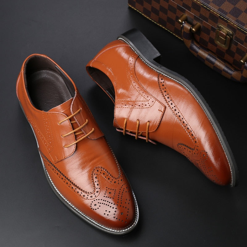 Men Oxford Genuine Leather Dress Shoes Brogue Lace Up Flats Male Casual Shoes Black Brown Size 38-47