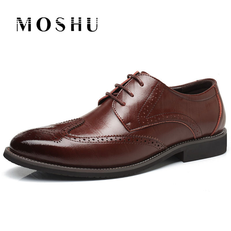 Men Oxford Genuine Leather Dress Shoes Brogue Lace Up Flats Male Casual Shoes Black Brown Size 38-47