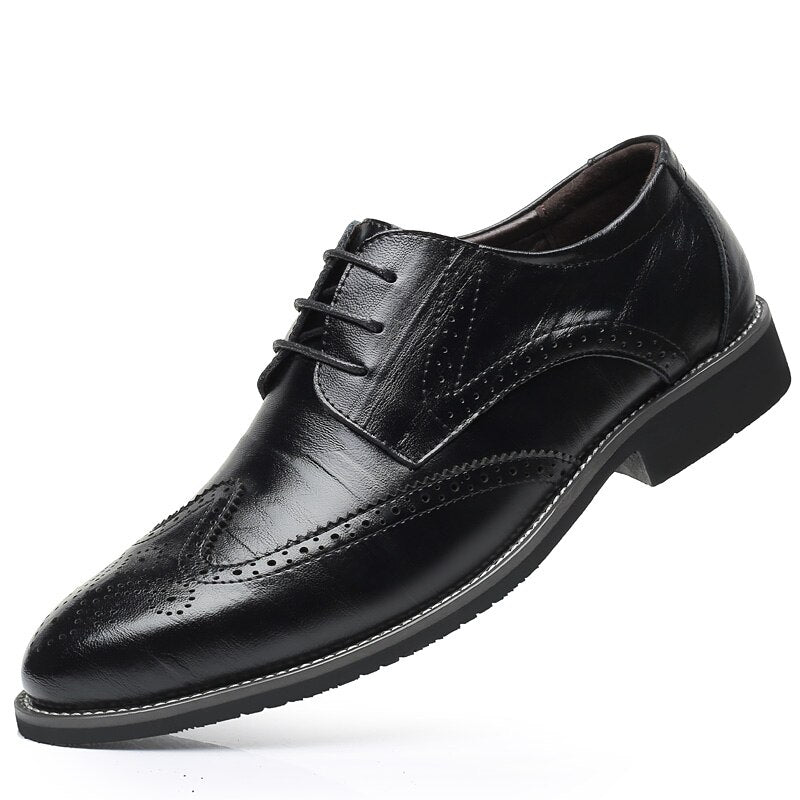 Men Oxford Genuine Leather Dress Shoes Brogue Lace Up Flats Male Casual Shoes Black Brown Size 38-47