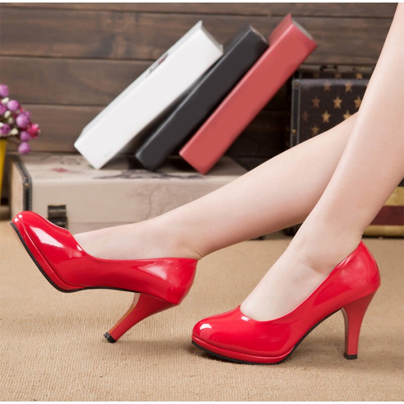 New Women High Heels Patent Leather Pumps Dress Shoes Shallow Slip On Round Toe Female Sweet Wedding Party Fashion Shoes Ladies