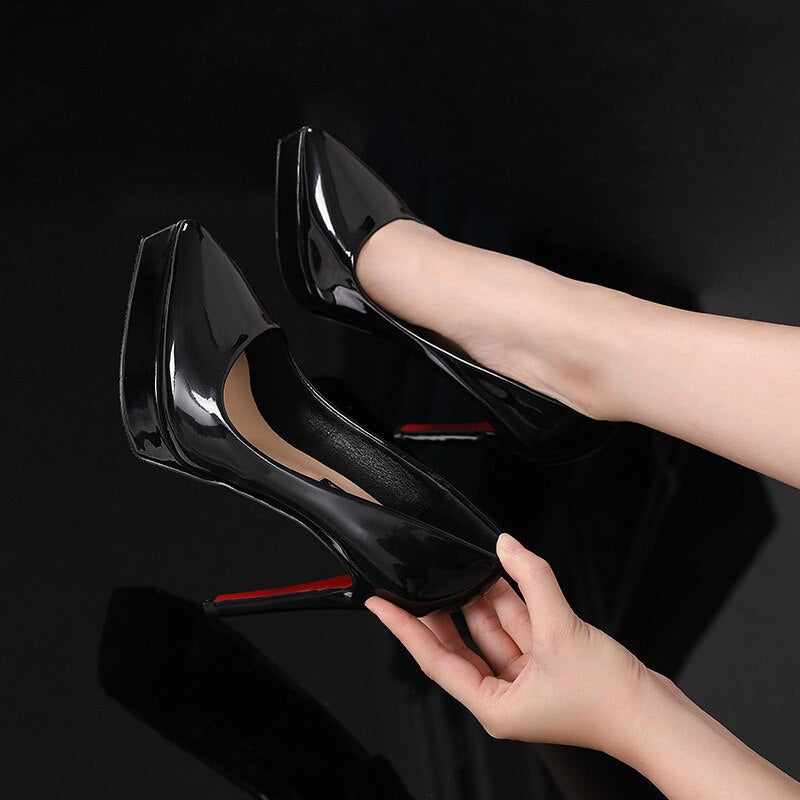 Sexy Ladies Thin Heeled Pumps Platform Patent Leather Concise Super High Heels Shoes Woman Wedding Party Shoes 12CM 10CM