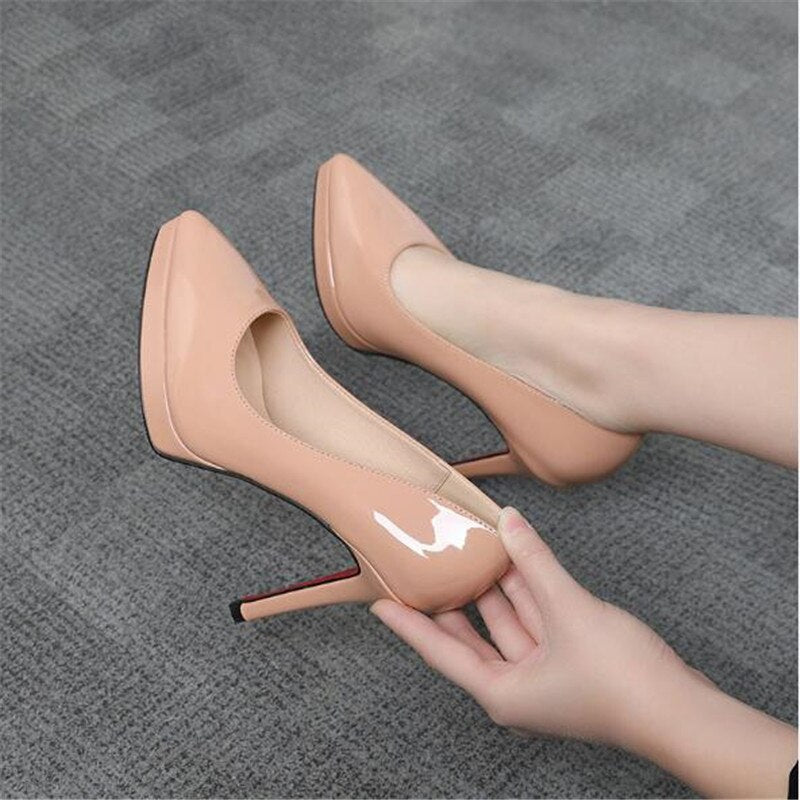 Sexy Ladies Thin Heeled Pumps Platform Patent Leather Concise Super High Heels Shoes Woman Wedding Party Shoes 12CM 10CM