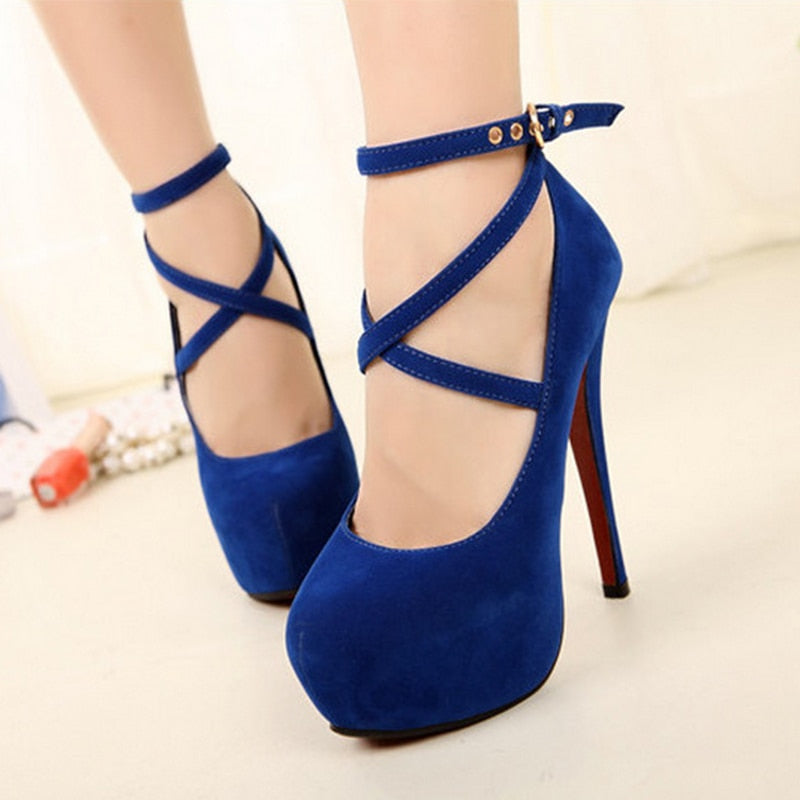 Shoes Woman Pumps Cross-tied Ankle Strap Wedding Party Shoes Platform Dress Women Shoes High Heels Suede Ladies Shoes Plus Size