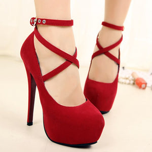 Shoes Woman Pumps Cross-tied Ankle Strap Wedding Party Shoes Platform Dress Women Shoes High Heels Suede Ladies Shoes Plus Size