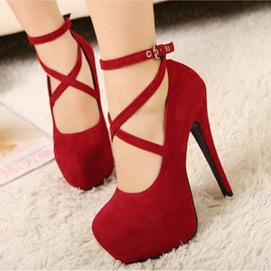 Shoes Woman Pumps Cross-tied Ankle Strap Wedding Party Shoes Platform Dress Women Shoes High Heels Suede Ladies Shoes Plus Size