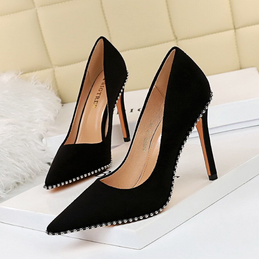 Suede Pumps Women string bead Heels Shoes Fashion Pointed Toe Pump Slip on Stilettos High Heel shallow Slide zapatos de mujer