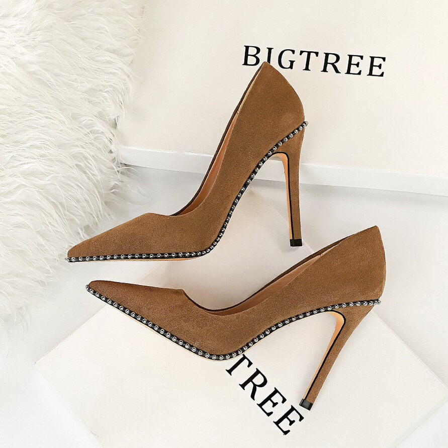 Suede Pumps Women string bead Heels Shoes Fashion Pointed Toe Pump Slip on Stilettos High Heel shallow Slide zapatos de mujer