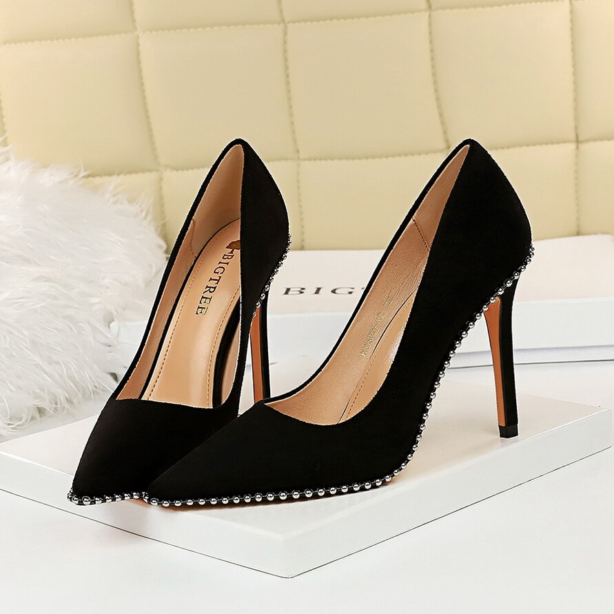 Suede Pumps Women string bead Heels Shoes Fashion Pointed Toe Pump Slip on Stilettos High Heel shallow Slide zapatos de mujer