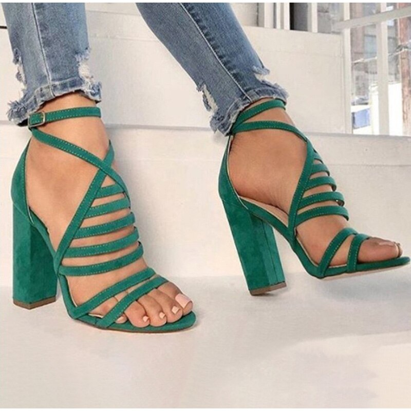 Women Sexy Sandals Lady High Heels Design Women's Cross Strap Bandage Shoes Lady Party Female Ankle Strap Flock 2020 Summer