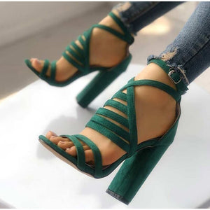 Women Sexy Sandals Lady High Heels Design Women's Cross Strap Bandage Shoes Lady Party Female Ankle Strap Flock 2020 Summer