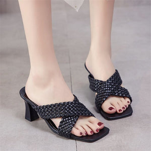 Women Slides High Heels Mules Fetish Summer Slip On Toe Sandals Low Heels Slippers Prom Stripper Sandles Shoes Plus Size 35-44