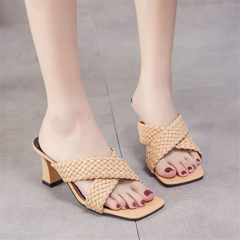 Women Slides High Heels Mules Fetish Summer Slip On Toe Sandals Low Heels Slippers Prom Stripper Sandles Shoes Plus Size 35-44